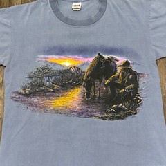 VTG 1993 Buffalo Western Cowboy Horse Sunset Shirt Adult OSFA Blue Double Sided