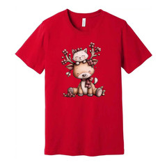 Unisex Christmas T Shirt With Cute Deer And Kitten Graphic Print In Winter Scene