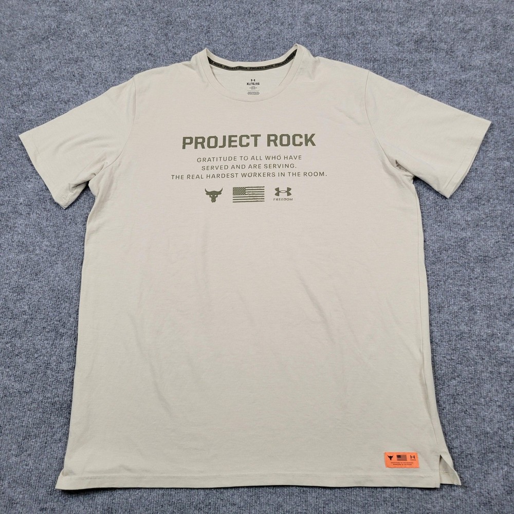 Under Armour Shirt Mens XL Beige Project Rock Freedom Flag Graphic Tee Top Logo