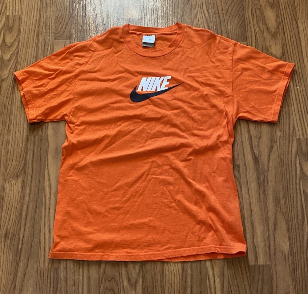 Vintage Y2K Nike T Shirt Orange Spellout Logo Mens L Silver Tag