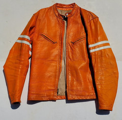 Vtg Bates Leather Motorcycle Racing Jacket Harley Orange w Stripes 1960’s L Cafe