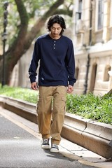 Mens Basic Style Heavyweight Solid Color Long Sleeve Henry Collar Casual T-shirt