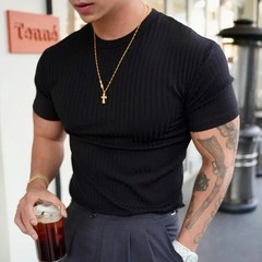 2025Summer Fashion Solid Color Ribbed Slim T Shirts Men Streetwear Classic Simpl
