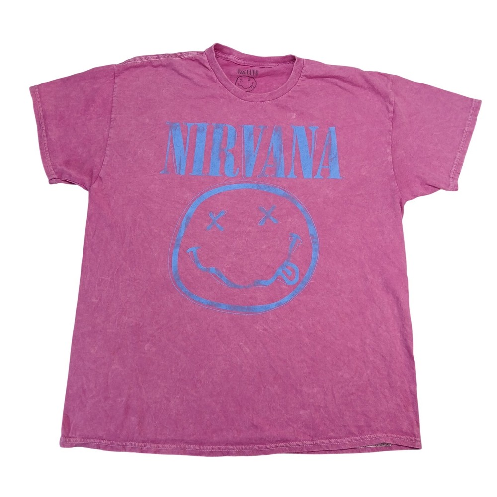 Nirvana Smiley Face Graphic Tee Magenta Mineral Wash Pink Blue XL RockBand Shirt