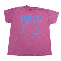 Nirvana Smiley Face Graphic Tee Magenta Mineral Wash Pink Blue XL RockBand Shirt