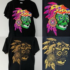 AZTEC SKULL T SHIRT ART TEE Front Back Hits Unique LARGE Neon Black Vision See