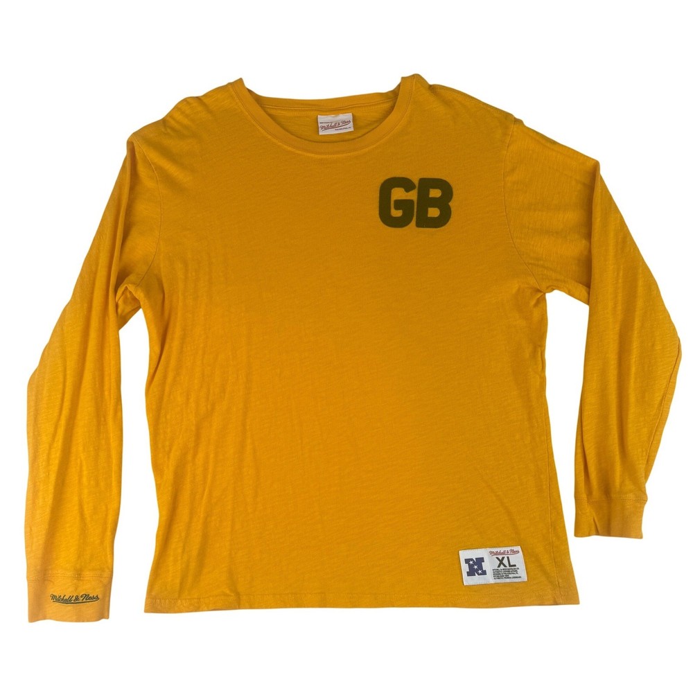 Mitchell & Ness Long Sleeve T-Shirt Mens XL Gold Green Bay Packers GB Applique