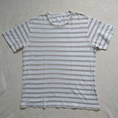 Porter&Ash T Shirt XL/L*White Green Olive Striped 100%Linen Crew Neck Neutral