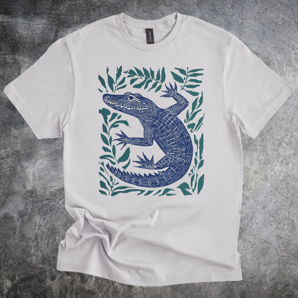 Blue Alligator Shirt Leaf Border Graphic Nature Animal Print Tshirt gray