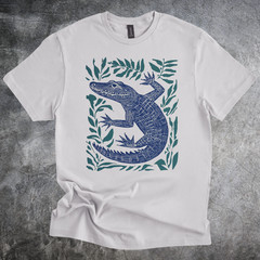 Blue Alligator Shirt Leaf Border Graphic Nature Animal Print Tshirt gray