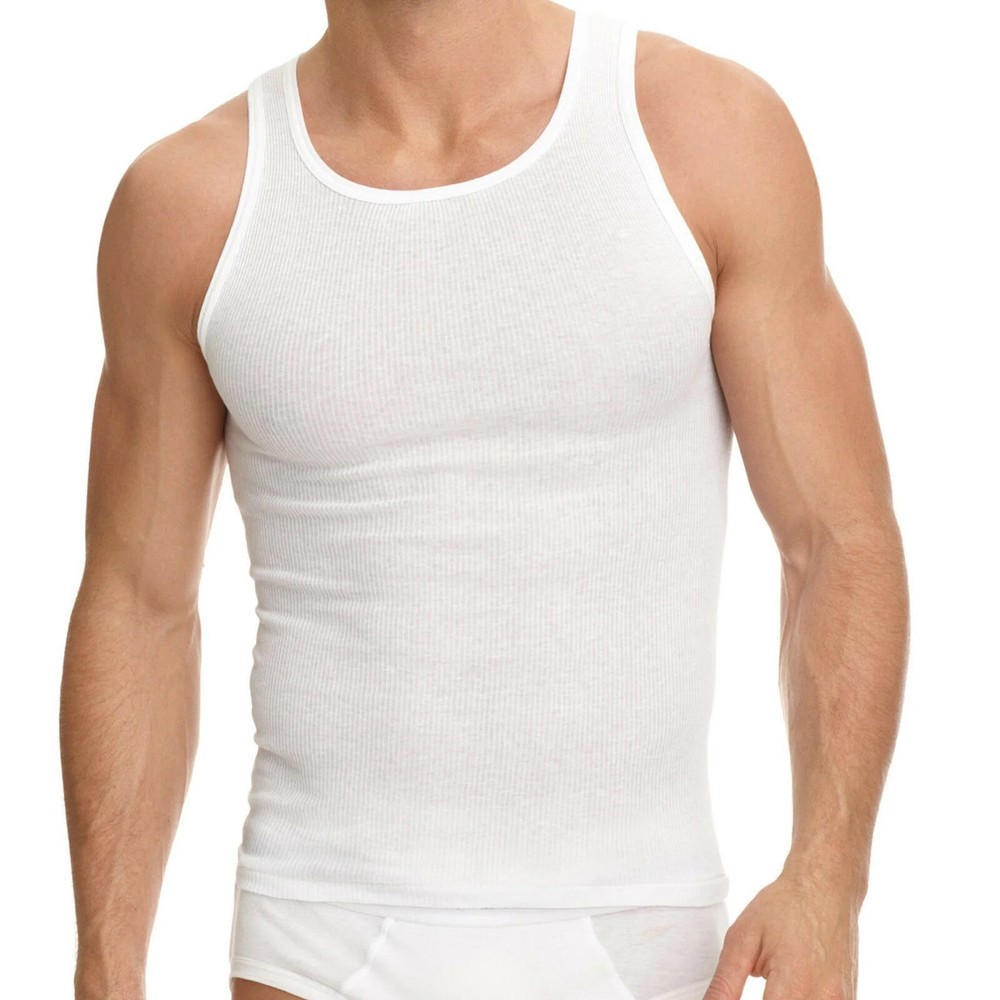 6-Pack Men’s White Cotton A-Shirts TANKS “Tagless ~ Lay Flat Collar”