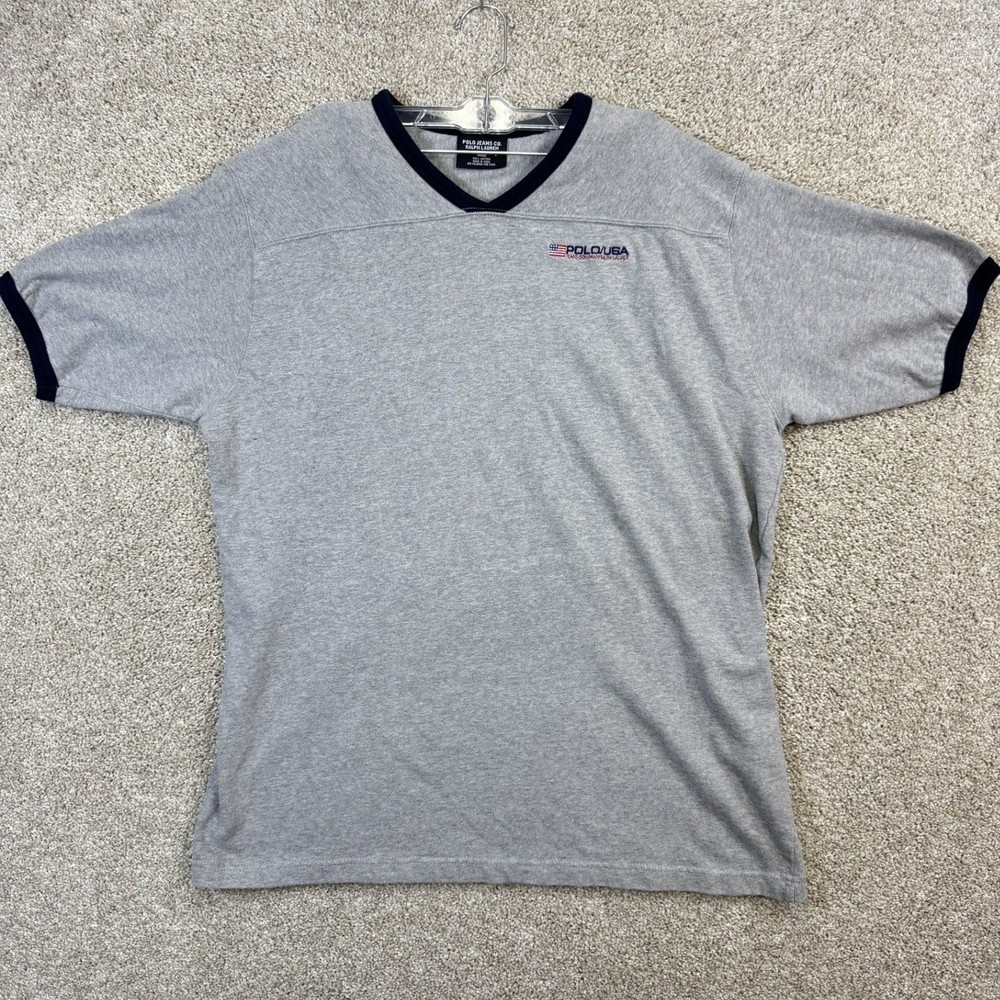 Polo Jeans Co Ralph Lauren Mens Large Gray Ringer V-Neck T-Shirt Polo USA Flag