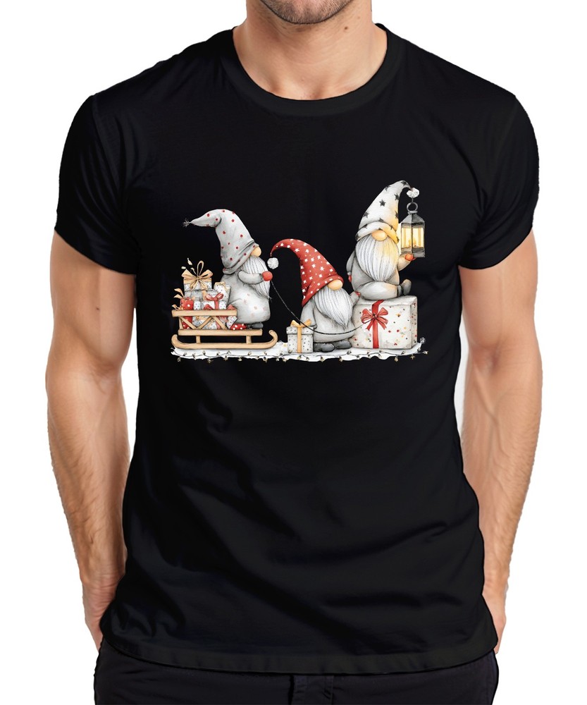 Christmas Elf Sleigh Gifts Lantern Red Grey Cute Funny Mens T-Shirt