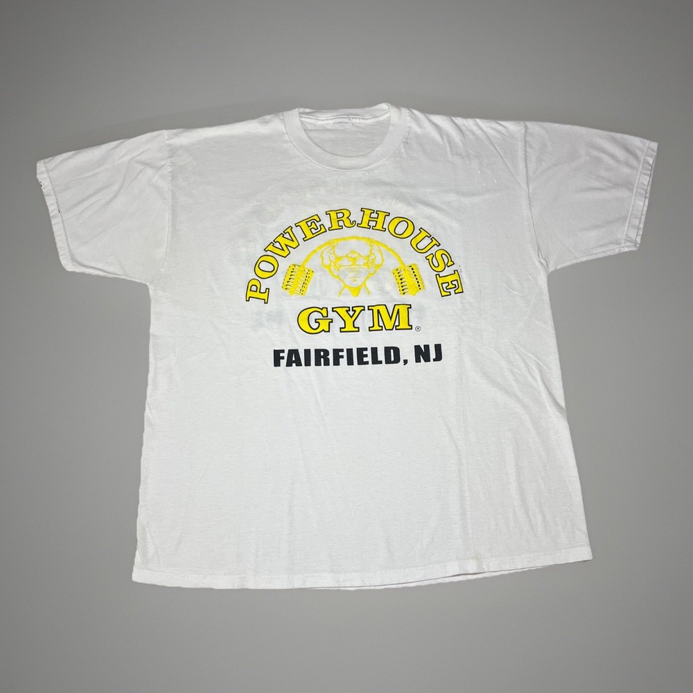 Vintage Powerhouse Gym T-Shirt Fairfield NJ Large -backhit golds worlds