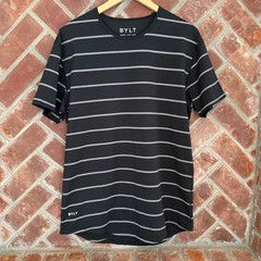 BYLT Drop Cut Lux Shirt Mens Striped Short Sleeve Performance Stretch Black Sz L