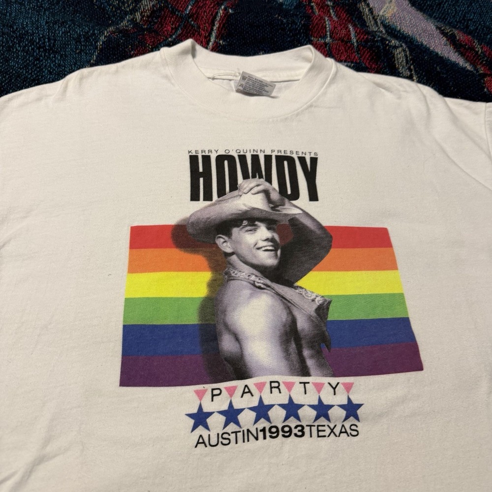 Vintage 90s LGBTQ Pride Kerry O’Quinn Party Shirt White Men’s L Cowboy Austin TX