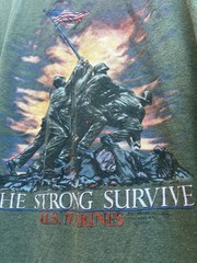 Vtg 1987 3D Emblem Harley Davidson The Strong Survive WW II olive tee