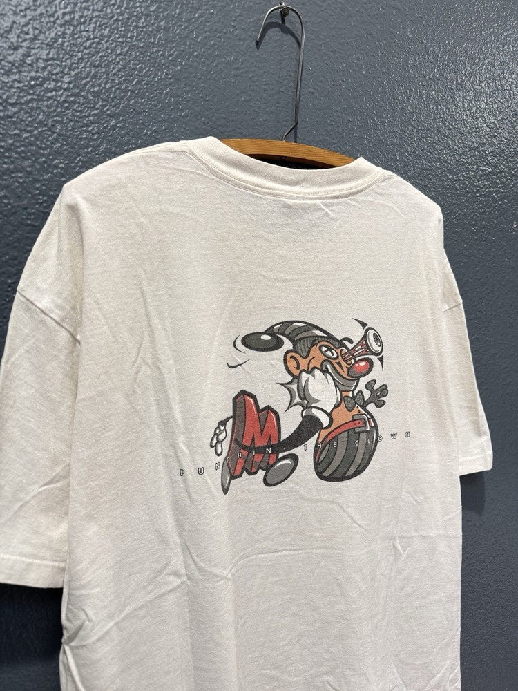 Vintage 90’s Mossimo Punchin The Clown White Cotton Tee Shirt XL USA