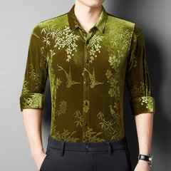 Men Velevt Blouse Shirts Tops Floral Printed Plush Casual Formal Cardigan M-3XL