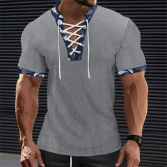 Men’s Short Sleeve Fashion T-Shirt Classic Casual Slim Laceup Shirts *