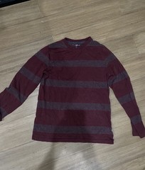 Hollister Men’s Burgundy Gray Striped Logo Crew Neck Long Sleeve T-Shirt S