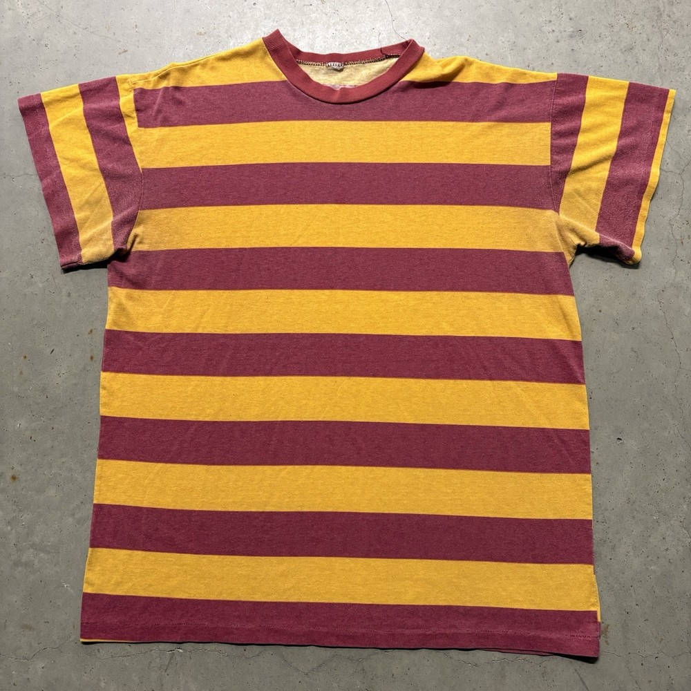 Vintage 80s Two Tone Striped T Shirt XL Burgundy Yellow Preppy Basic Casual USA