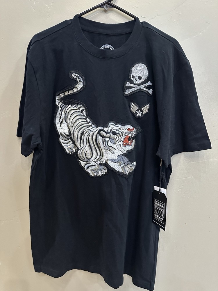 Maxi Milian Shirt Adult L Black Embroidered Tiger Skull T shirt Street wear NWT