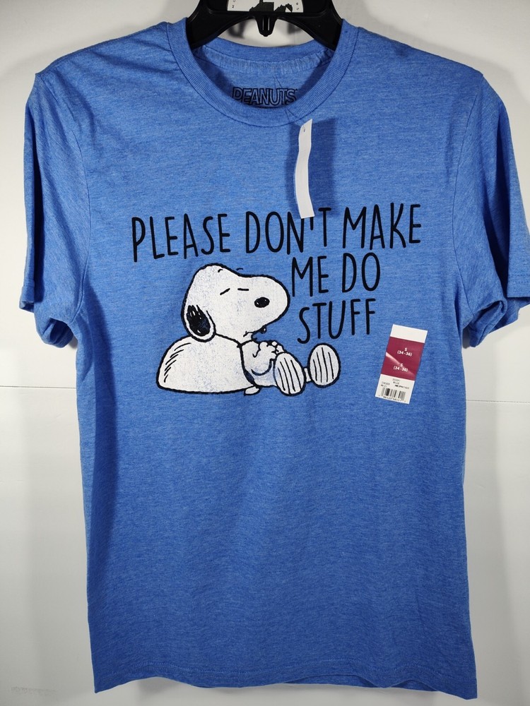 Snoopy Peanuts Shirt Men’s Small Blue T-Shirt Please Don’t Make Me Do Stuff NWT