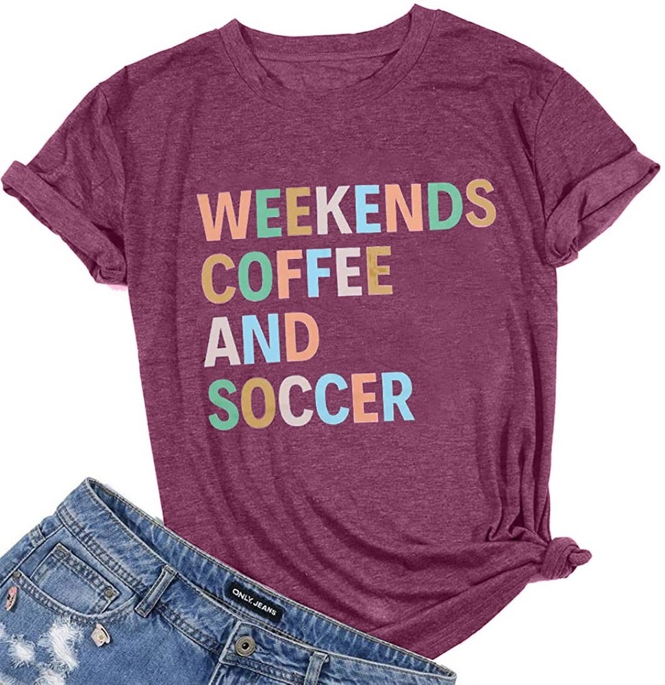 Weekends Coffee Shirt – Soccer Mom Tshirts for Women – Ball Letter Printed Short