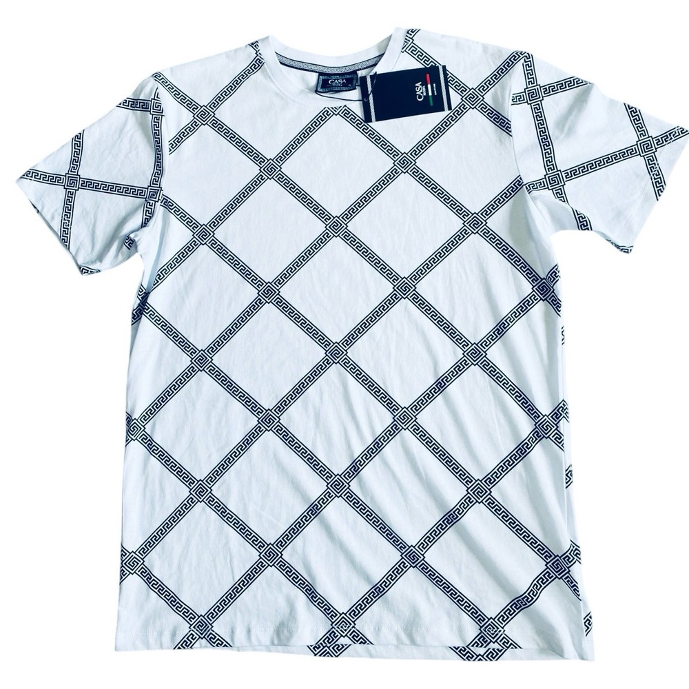 NWT Casa Moda Couture White Black Diamond Geometric Pattern Tee Unisex Men Sz S