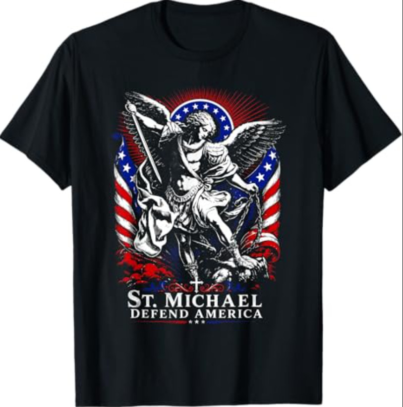 St. Michael Defend America Archangel Patriot USA Flag T-Shirt
