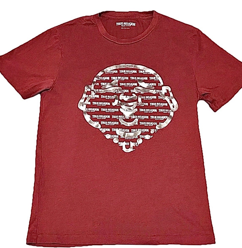 True Religion Buddha Graphic SS Tee Mens S Red Silver Metallic Foil Logo T-Shirt