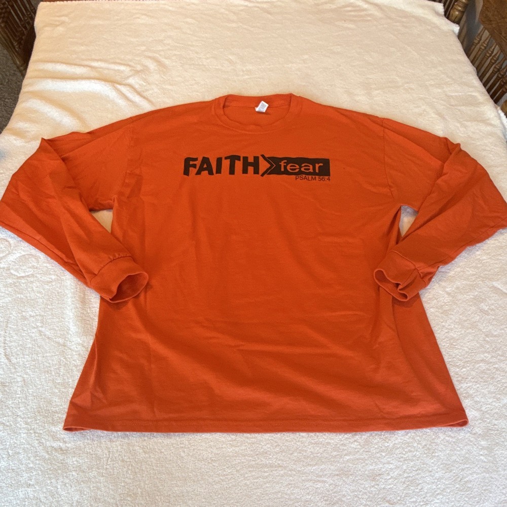 Jerzees Dri-Power Men’s XL Orange Long Sleeve Crew Neck Graphic Tee Psalm 56:4
