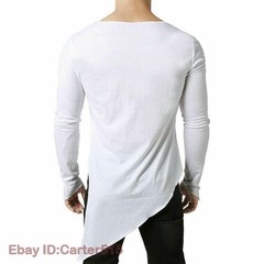 Mens Asymmetric Slit Hem Summer T-shirt Top Tee Long Sleeve Pullover Shirt Hot