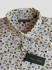 SLATE & STONE MEN’S WHITE PRINTED SHORT SLEEVE POINT COLLAR SHIRT Sz M