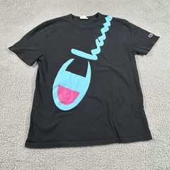 Champion Shirt Mens Medium Black Blue Pink Diagonal Script Big Logo T-Shirt