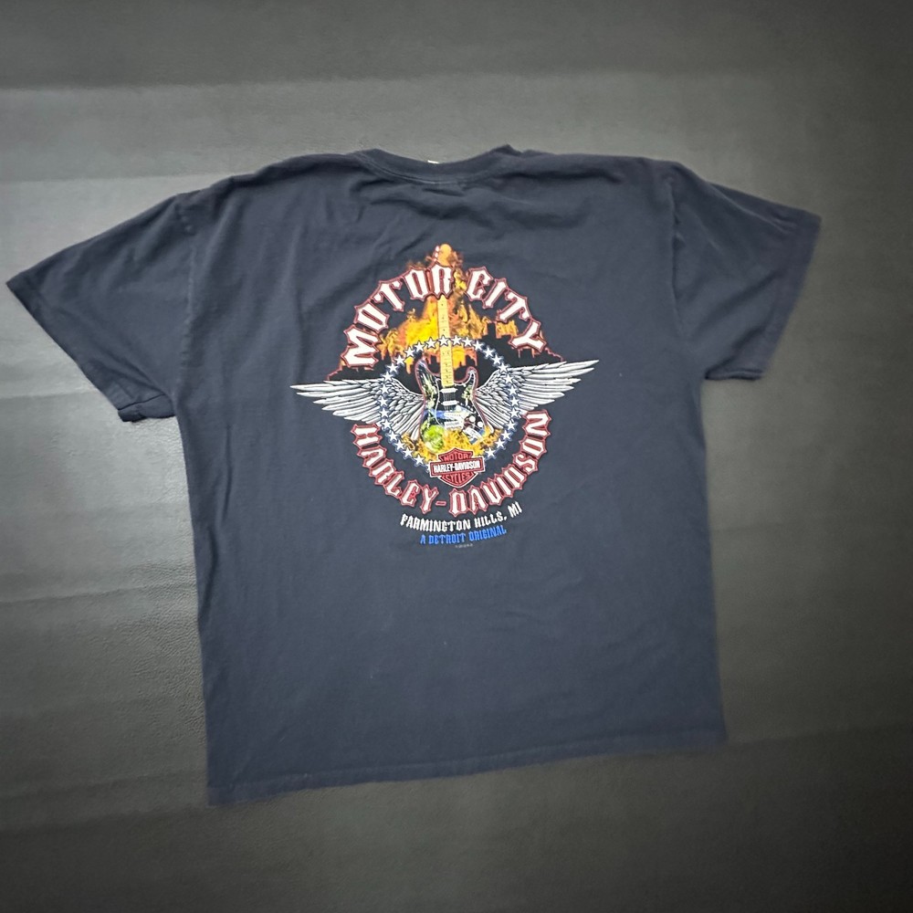Harley Davidson T Shirt Mens XL Black Motor City Guitar Y2k Biker Fade Flames
