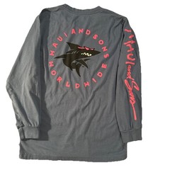 Maui And Sons Shark Long Sleeve Blue T-Shirt Size Medium Surf Skate Beach Logo