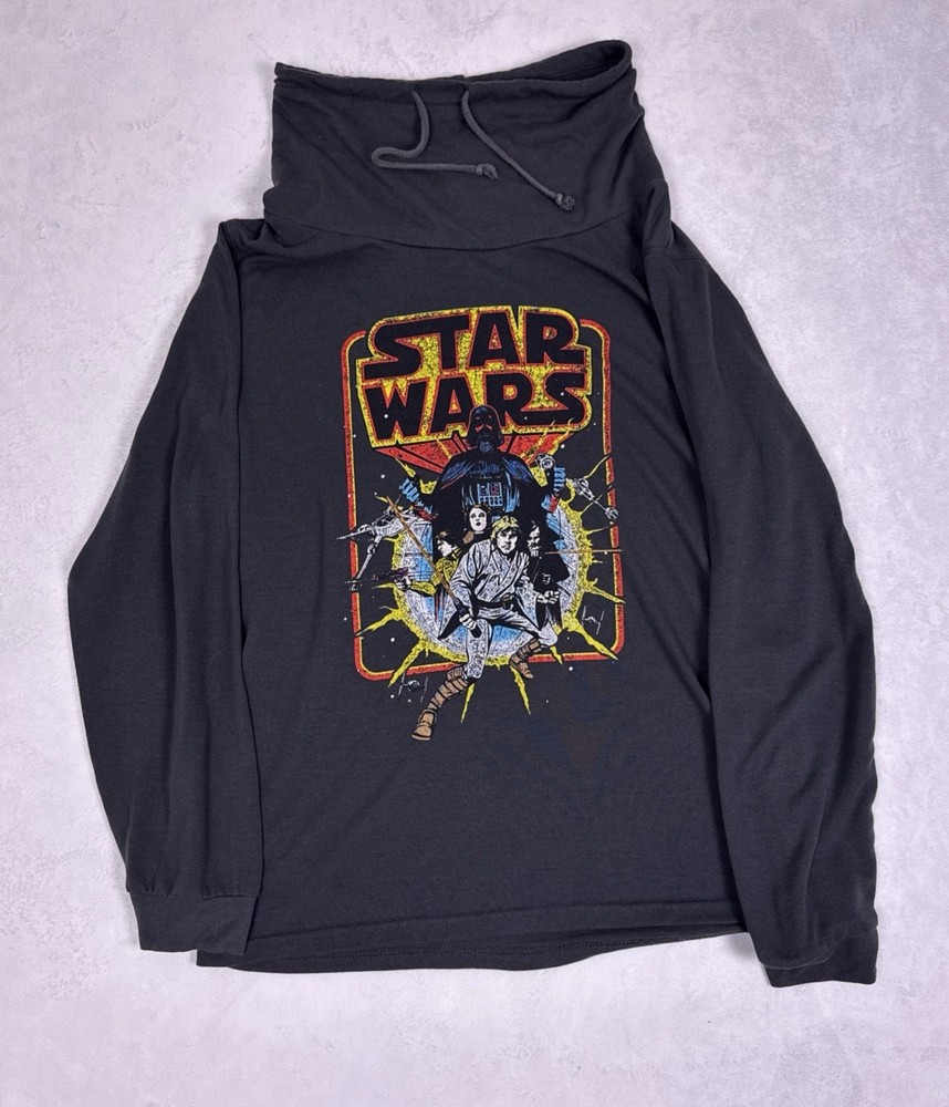 Star Wars Shirt Mens XL Dark Grey Long Sleeve Cowl Neck Darth Vader Graphic Tee