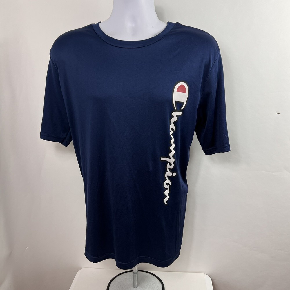 Champion T Shirt Men’s Large Short Sleeve Crew Neck Athletic Polyester Spell Out