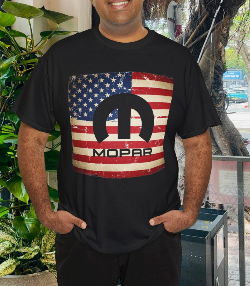 Mopar M Emblem & Script With American Flag Background T-Shirt