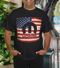 Mopar M Emblem & Script With American Flag Background T-Shirt