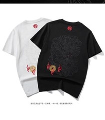 Men Embroidery Dragon T Shirt Hip Hop Streetwear Cotton Short Sleeve Tee