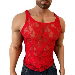 Men’s Stretchy Floral Lace Mesh Tank Top Sleeveless Fitted Vest for Vacation
