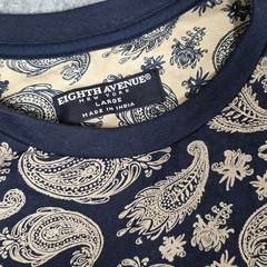 Mens Paisley T Shirt Navy Blue Tan Cotton Short Sleeve Large Preppy Streetwear