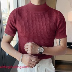 Mens Mock Turtleneck Pullover T-Shirt Knitted Sweater Slim Fit Short-Sleeve-Tee