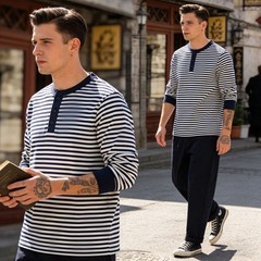 Mens Long Sleeve Striped Henry Shirt 300G Heavyweight Sailor T-Shirt Casual TEE