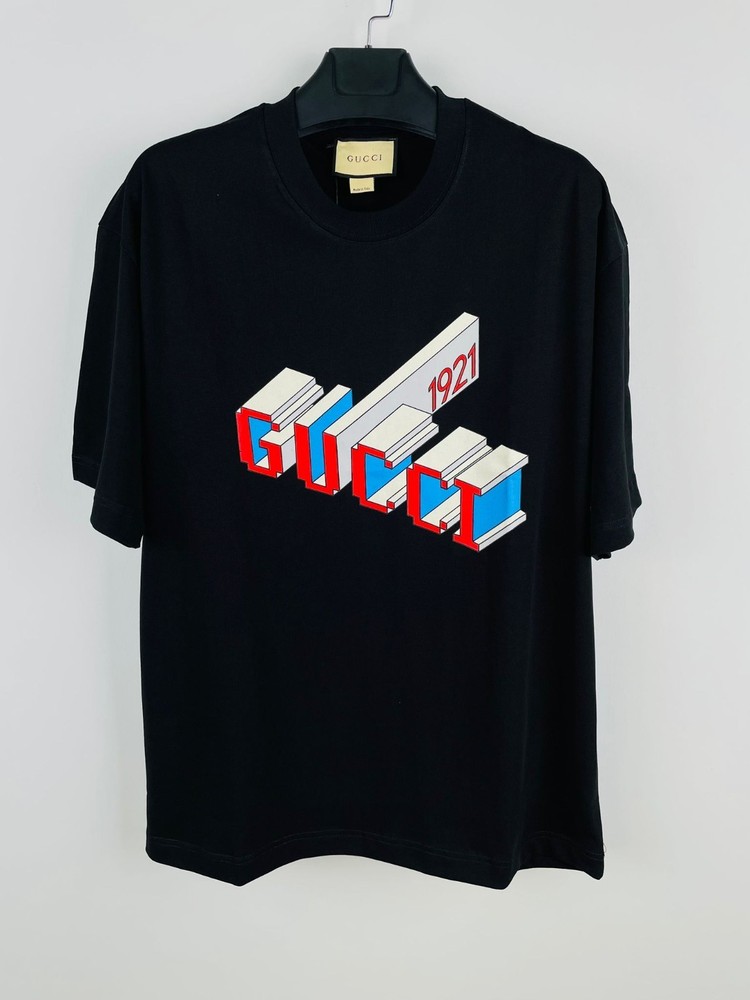 Gucci Logo Print Cotton Black T Shirt Size : XL