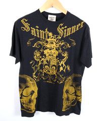 VTG Bulzeye T-Shirt Men’s Medium Black Gold Saint Sinner Skull Beaded Y2K