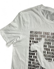 NWT True Religion Brand Script All Over Silver Foil Graphic White Shirt Size L